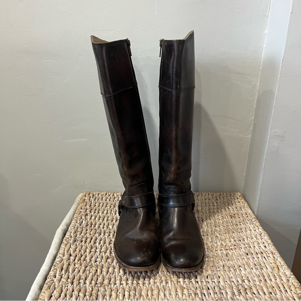 Frye Tall Dark Brown Button Back Full-Zip Women's boots Riding Boots Size 7.5 B - Picture 3 of 13